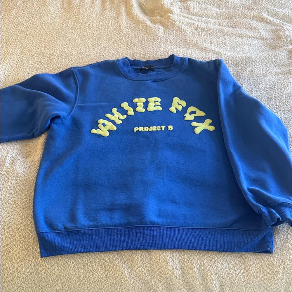 White Fox Boutique Blue Sweatshirt with Yellow Lettering